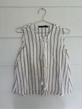 Zara Striped Linen Blend Sleeveless Lace Up Top Small Boho Fisherman Basic Beach